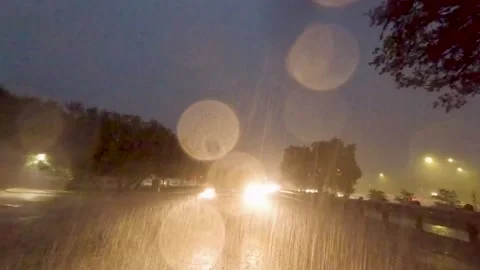 5.3K Driving Plate Rear View - heavy rain storm downpour on expressway Stock Footage 239344452