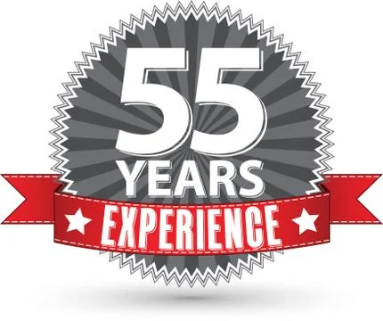 55 years experience retro label with red ribbon, vector illustration Stock Illustration