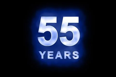 55 years in glowing white numbers on blue Stock Illustration