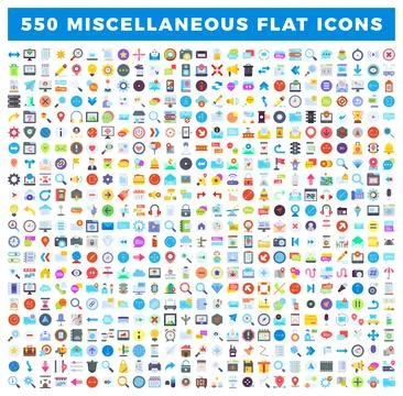 550 assorted flat design icons for digital and graphic projects Stock Illustration