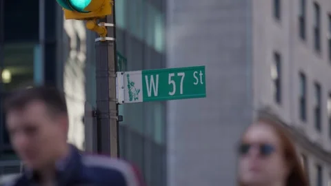 57th and 5th Avenue NYC New York Manhattan Street Sign with Cabs Taxis People Vidéo 240240341
