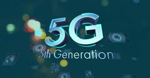 5G 5th Generation text image over futuristic technology icons and bokeh lights Stock Illustration