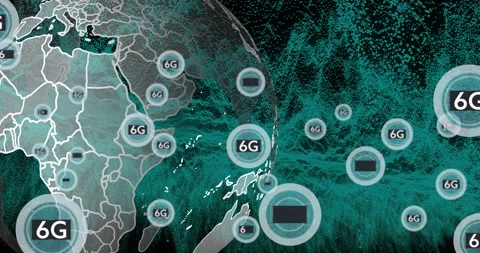 5G and 6G network coverage animation over digital world map Video stock 305527079