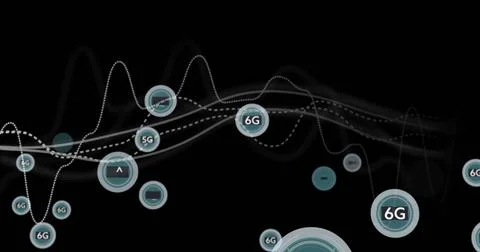 5G and 6G network data processing image over black background with waveforms Illustrazione stock