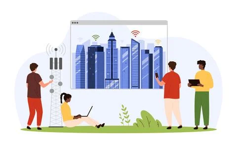 5G and IOT, data technology in smart city, tiny people use internet Stock-Illustration