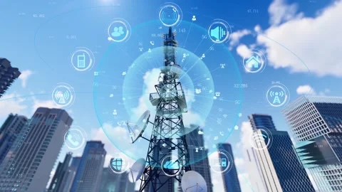 5g base station communication network connects all things to an interconnect Stock Footage 171491464