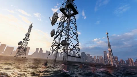 5G base station signal tower next to the coastal city Stock Footage 322895736