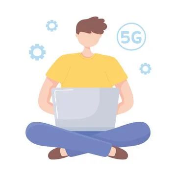 5G, boy using laptop computer connection wireless innovation Stock Illustration
