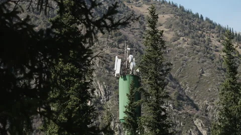 5G cell tower among green forest and mountains Stock Footage 319975899