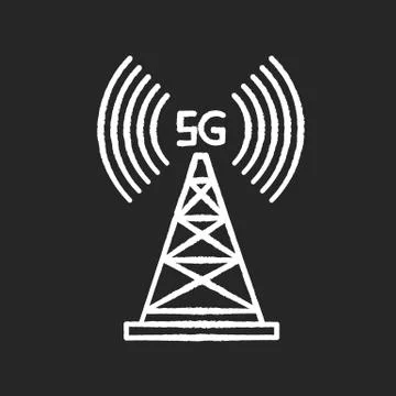 5G cell tower chalk white icon on black background. Wireless technology. Fast Stock Illustration