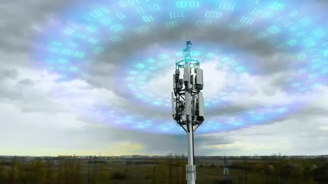 5g cell tower emits waves with digital code. Aerial View Radio Antenna emits 스톡 동영상 132439916