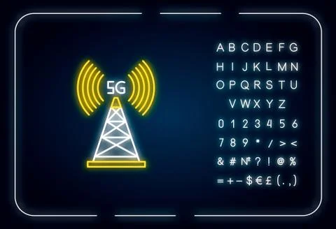 5G cell tower neon light icon. Wireless technology. Fast connection. Cellular Stock Illustration