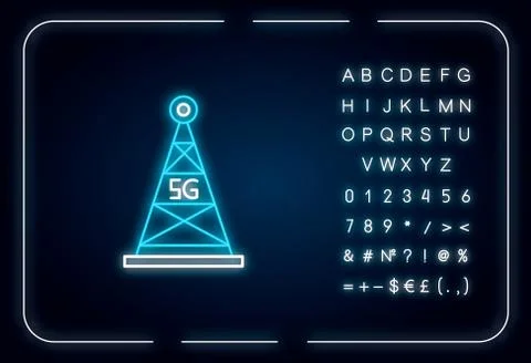 5G cell tower neon light icon. Antenna signal. Fast connection. Cellular netw Stock Illustration