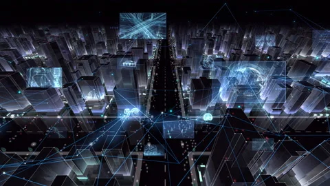 5G City Digital Network night Zoom C M-Bc Stock Footage 138815462