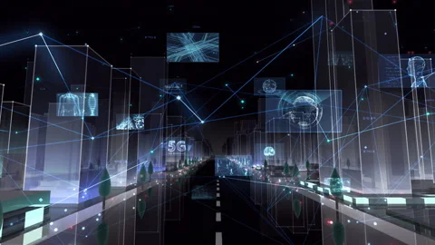 5G City Digital Network night Zoom C M-Ac Stock Footage 138834295
