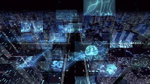 5G City Digital Network night Rot B M-Ba Stock Footage 138836980