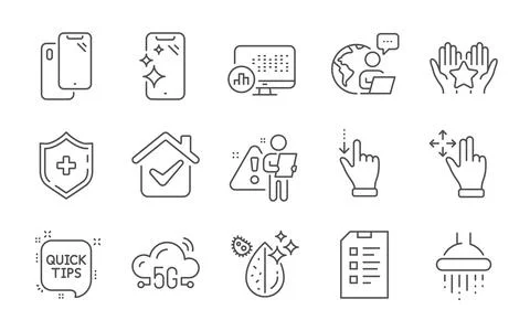 5g cloud, Dirty water and Checklist icons set. Report statistics, Move gesture Stock Illustration