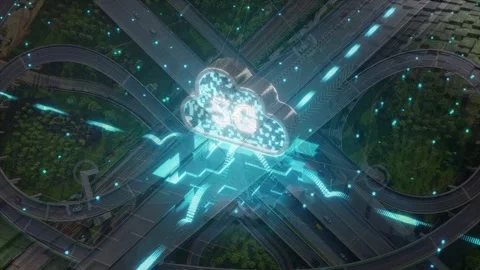 5G Cloud Network Over Highway Interchange Stock Footage 336009933