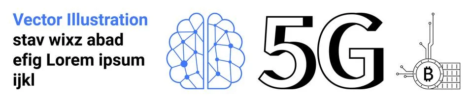 5G communication, artificial intelligence, blockchain, cryptocurrency, digita Stock Illustration