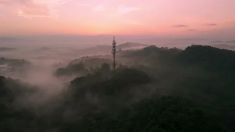 5g  Communication tower Sunrise and Mist Stock Footage