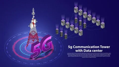 5g Communication Tower Wireless Hi-speed Internet with Data center background 스톡 일러스트