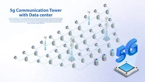 5g Communication Tower Wireless Hi-speed Internet with Data center background 스톡 일러스트