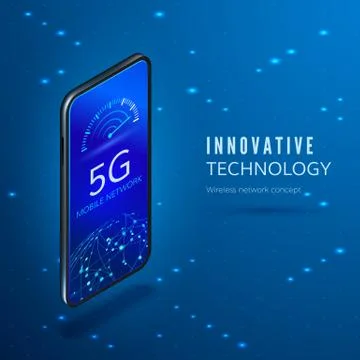 5G concept. Fifth generation mobile wireless network isometric banner. Smartp Stock Illustration