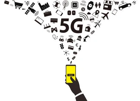 5G concept in the future, hand holding smart phone, using 5g technology, shop 스톡 일러스트