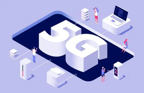 5G concept. Vector 5g wireless technology illustration with tiny people laptop 스톡 일러스트