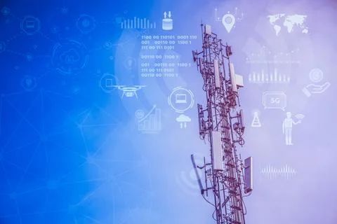 5G data communication tower overlay with illustration of business data tech.. Stock Photos