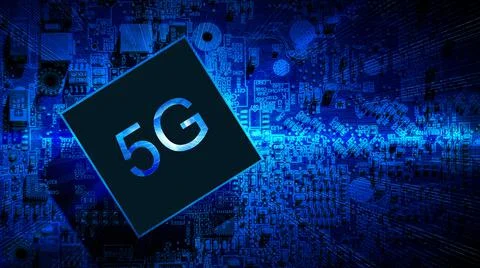 5g data. Digital computer motherboard with 5g mobile phone chip on wireless n Stock Photos