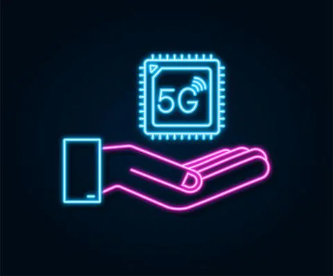 5G eSIM Embedded SIM card with hands neon icon symbol concept. new chip mobile Illustrazione stock