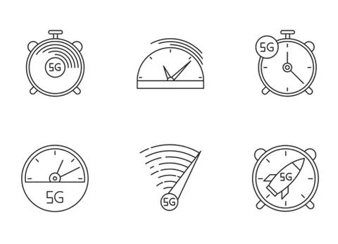 5G fast speed connection pixel perfect linear icons set. Stop-watches, speedo Stock Illustration