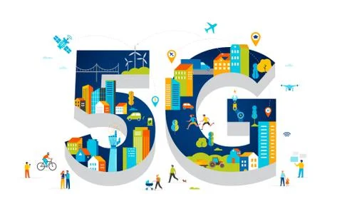 5G Flat vector illustration. People with mobile devices in the smart city Stock Illustration