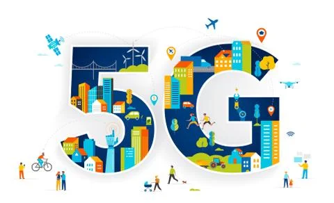 5G Flat vector illustration. People with mobile devices in the smart city Stock Illustration