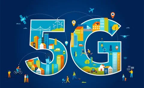 5G Flat vector illustration. People with mobile devices in the smart city Stock Illustration