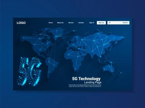 5G Global network technology landing page with world map, interface, vector Stock Illustration