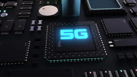 5g header. next generation chip and processor animation. big power technologi Stock Footage 206996922