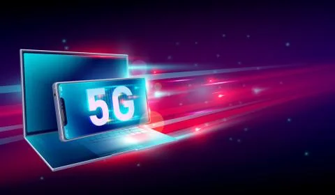 5G high speed network communication internet on flying realistic 3d laptop Stock Illustration