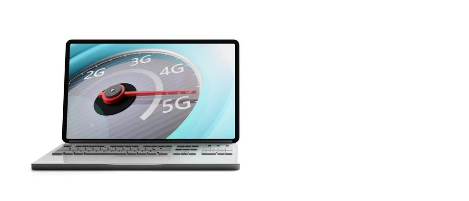 5G High speed network internet connection. Reaching 5g, speedometer on a comp イラスト素材