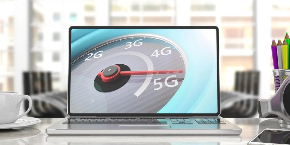 5G High speed network internet connection. Reaching 5g, speedometer on a comp Stock Illustration