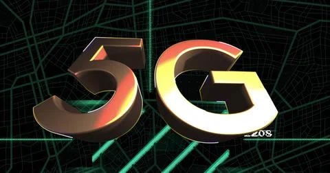 5G image glowing over digital map background with vibrant blue light Ilustração Stock