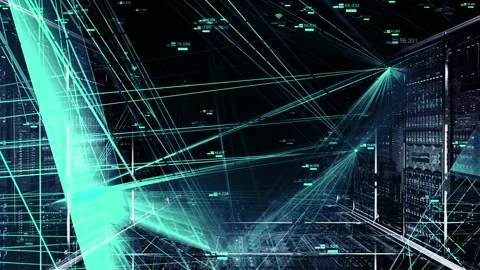 5G Information in Data Center Flowing Through Rack Servers. Stock Footage 113299379