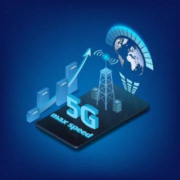 5G internet technology design element with isometric phone Stock Illustration