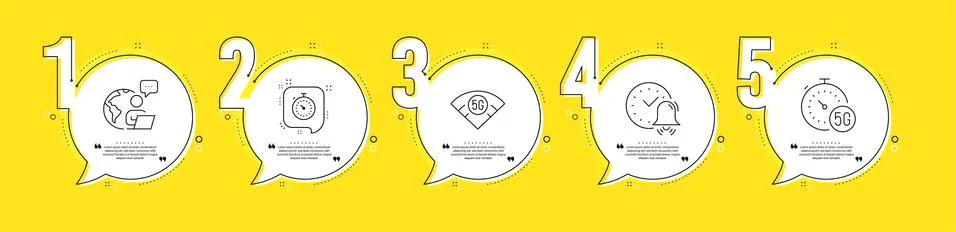 5g internet, Timer and Alarm bell icons set. 5g wifi sign. Fast transmission Stock Illustration