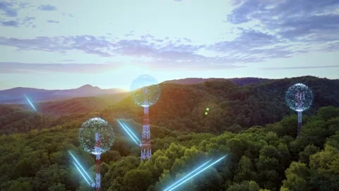 5G IoT network connecting telecom towers with intelligent wireless data links Stock Footage 345280045