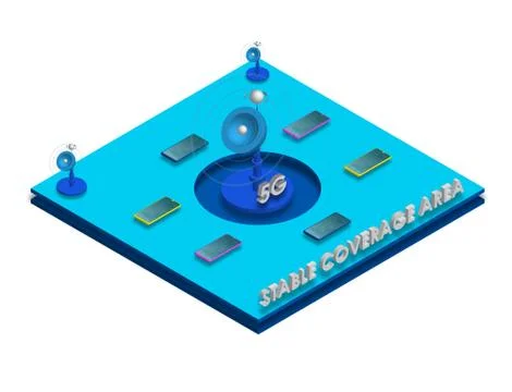 5G isometry. Advantages of new technologies, stable coverage and smartphone Illustrazione stock