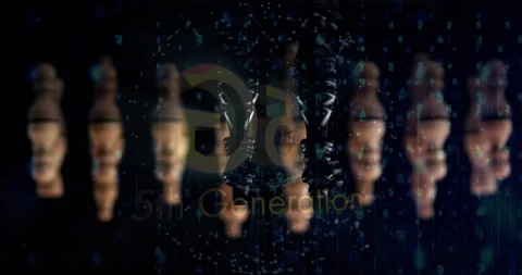 5G logo being visualized in digital void, floating pawns and network nodes Stock Footage 307434966