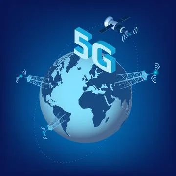 5G LTE technology of high speed data transmission with isometric satellite Stock-Illustration