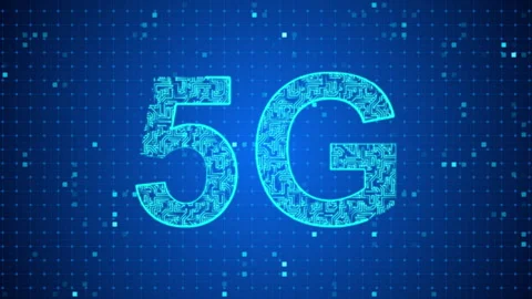 5G  made of glowing circuit board with moving electrons on blue cyberspace. Video stock 246008399